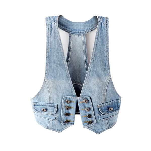 Κοντό γυναικείο γιλέκο τζιν με μπλε κουμπιά