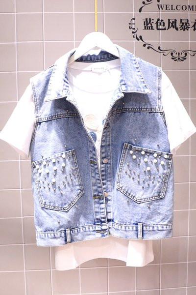 Ženski traper prsluk s perlama na džepovima