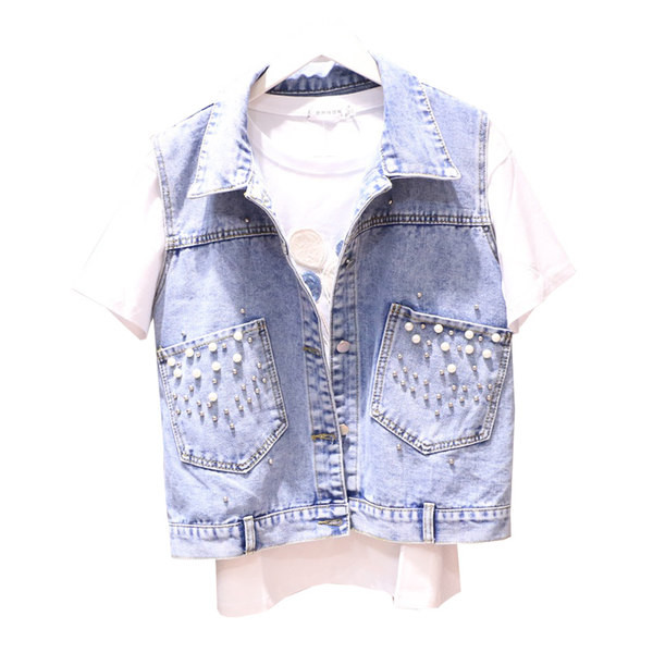 Ženski traper prsluk s perlama na džepovima