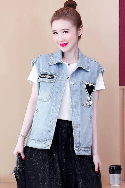 Ženski traper prsluk s aplikacijom i klasičnim ovratnikom