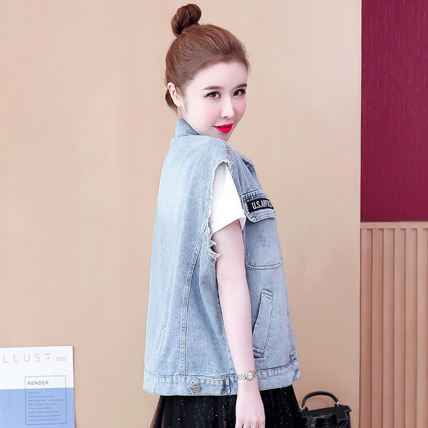 Ženski traper prsluk s aplikacijom i klasičnim ovratnikom