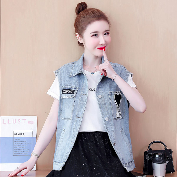 Ženski traper prsluk s aplikacijom i klasičnim ovratnikom