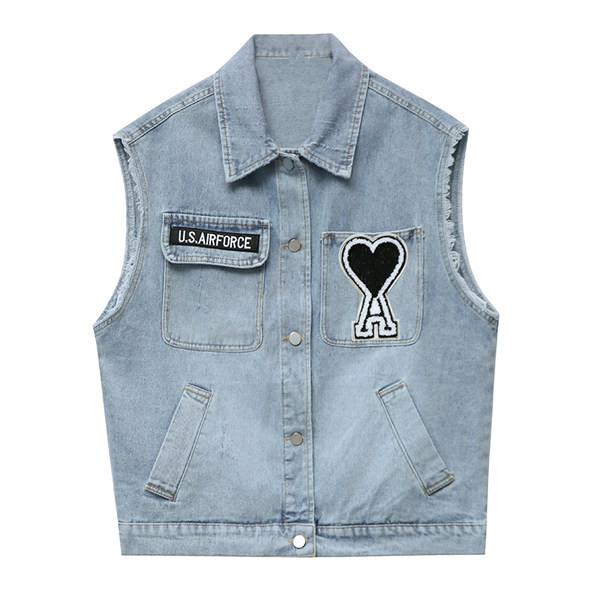 Ženski traper prsluk s aplikacijom i klasičnim ovratnikom