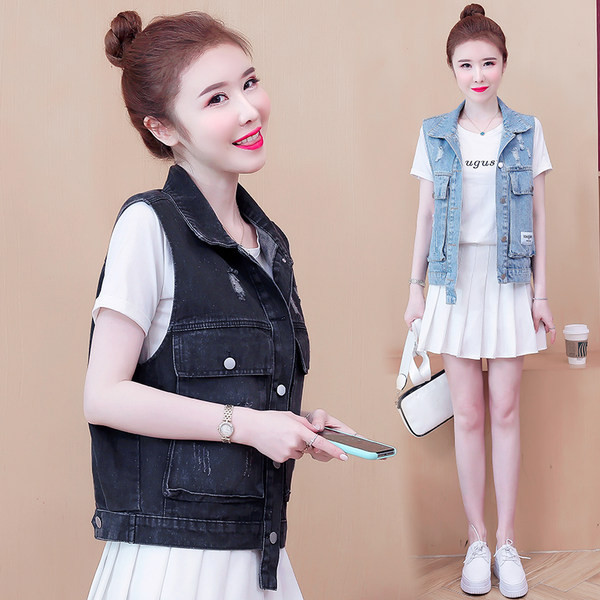 Ženski traper prsluk u dvije boje na gumbe