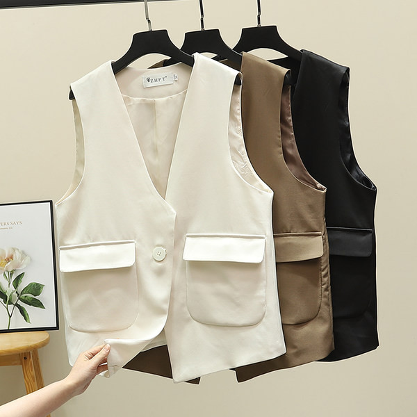 Aktualan ženski prsluk sa džepovima i špic izrezom