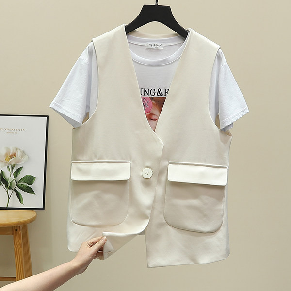 Aktualan ženski prsluk sa džepovima i špic izrezom