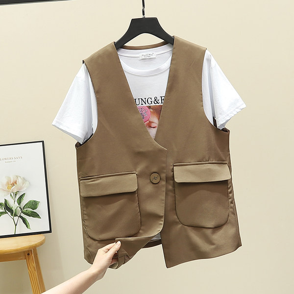 Aktualan ženski prsluk sa džepovima i špic izrezom