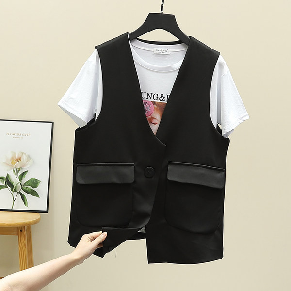 Aktualan ženski prsluk sa džepovima i špic izrezom