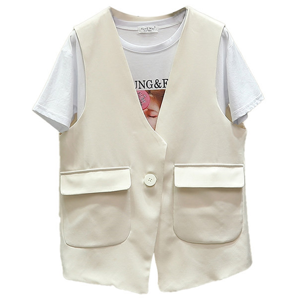 Aktualan ženski prsluk sa džepovima i špic izrezom