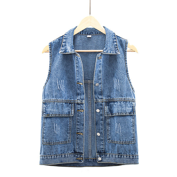 Moteriška džinsinė liemenė su klasikine apykakle ir kišenėmis - dydis iki 5XL