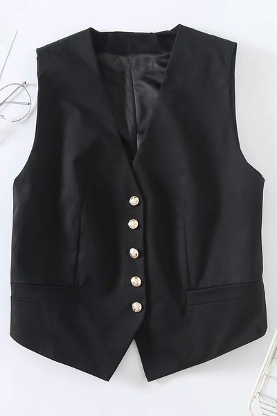 Sieviešu pieguļoša veste ar špica kakla izgriezumu un pogām