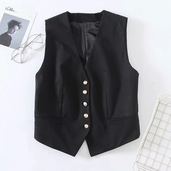 Sieviešu pieguļoša veste ar špica kakla izgriezumu un pogām