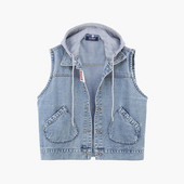 Μεγάλο μοντέλο γυναικείο γιλέκο τζιν με τσέπες και κουκούλα