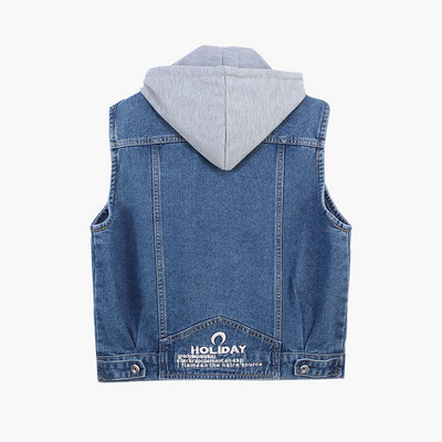 Μεγάλο μοντέλο γυναικείο γιλέκο τζιν με τσέπες και κουκούλα