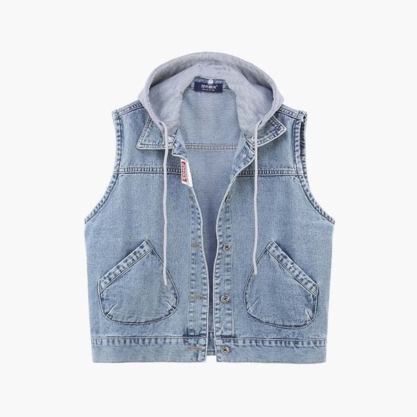 Μεγάλο μοντέλο γυναικείο γιλέκο τζιν με τσέπες και κουκούλα
