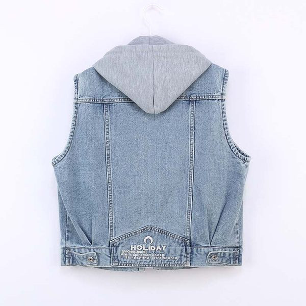 Μεγάλο μοντέλο γυναικείο γιλέκο τζιν με τσέπες και κουκούλα