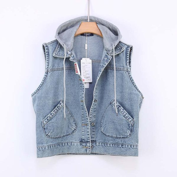 Μεγάλο μοντέλο γυναικείο γιλέκο τζιν με τσέπες και κουκούλα