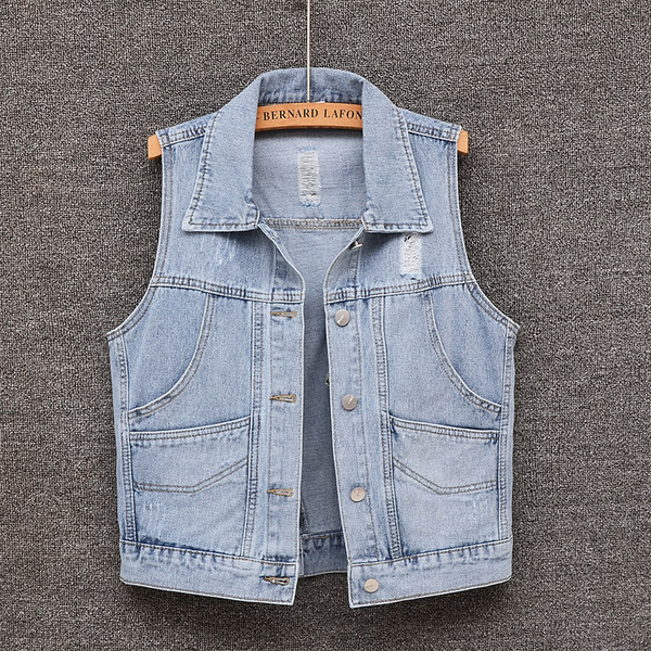 Ženski traper prsluk sa gumbima na leđima - plava boja