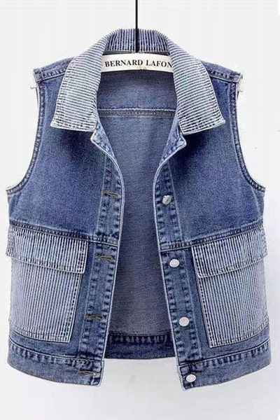 Γυναικείο γιλέκο τζιν με ριγέ τσέπες