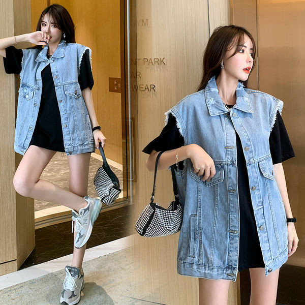 Γυναικείο τζιν γιλέκο με σκισμένα σχέδια και κουμπιά