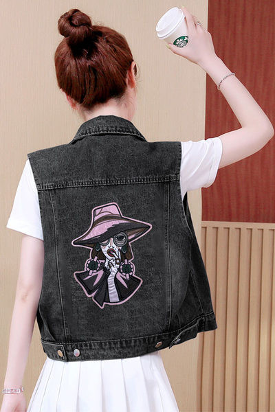 Crni ženski traper prsluk sa vezom za djevojku - veličine do 5XL