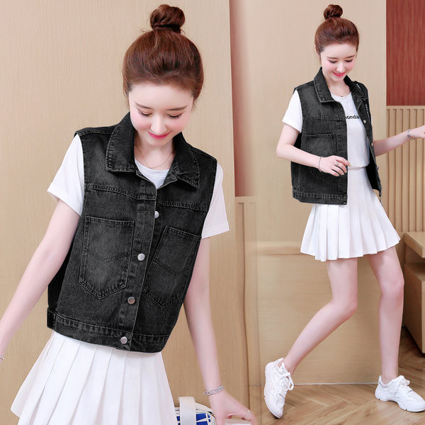 Crni ženski traper prsluk sa vezom za djevojku - veličine do 5XL