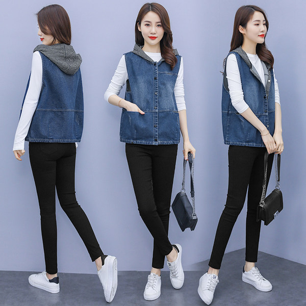 Ženski ležerni traper prsluk s kapuljačom i džepovima