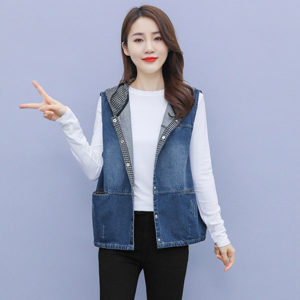 Ženski ležerni traper prsluk s kapuljačom i džepovima