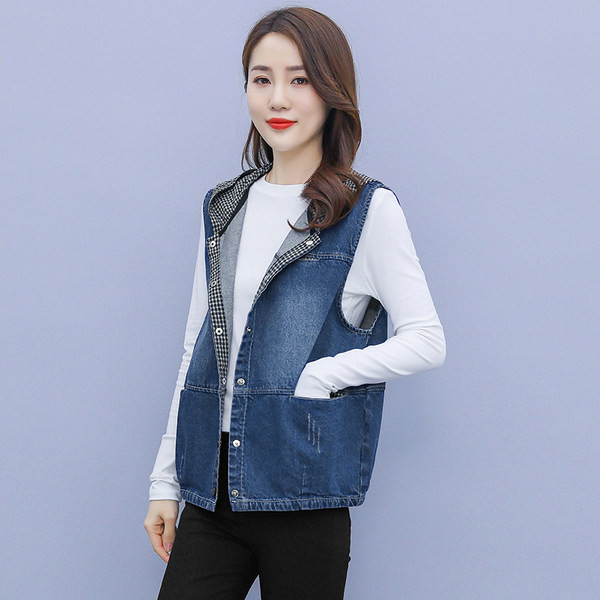 Ženski ležerni traper prsluk s kapuljačom i džepovima