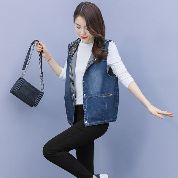 Ženski ležerni traper prsluk s kapuljačom i džepovima