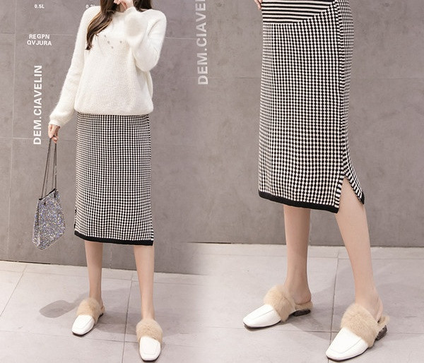 Κομψή γυναικεία ευθεία φούστα με καρό μοντέλο για έγκυες γυναίκες