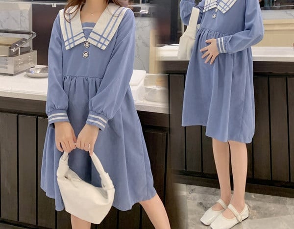 Izrezani model ženske haljine s gumbima za trudnice