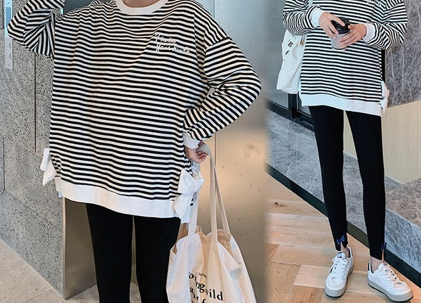 Καθημερινή γυναικεία σετ ριγέ μπλούζα και κολάν για έγκυες γυναίκες