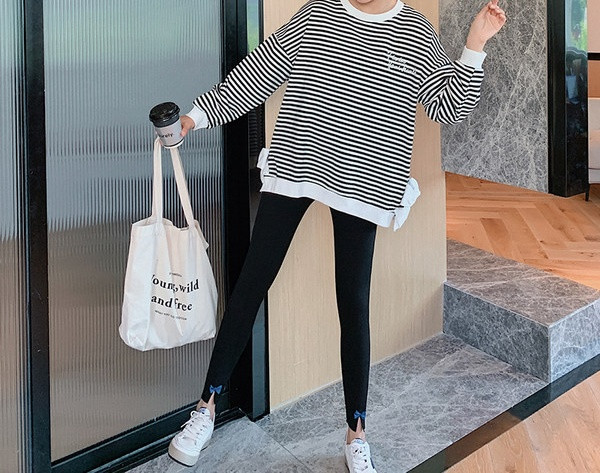 Καθημερινή γυναικεία σετ ριγέ μπλούζα και κολάν για έγκυες γυναίκες