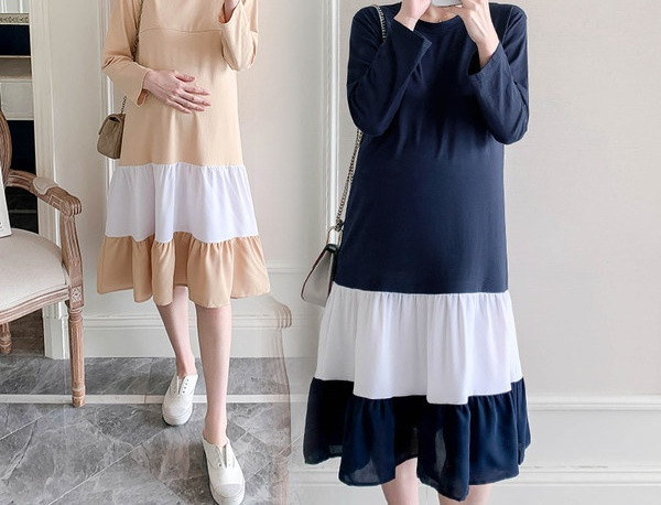 Ženska haljina s ovalnim izrezom i dugim rukavima za trudnice