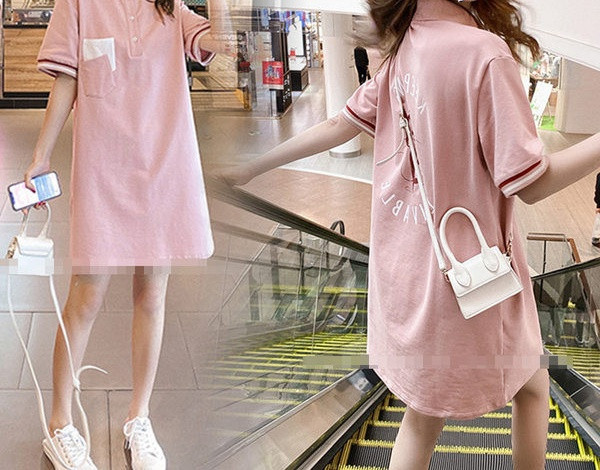 Ravni model ženske haljine s džepom i gumbima za trudnice