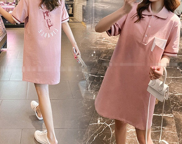 Ravni model ženske haljine s džepom i gumbima za trudnice