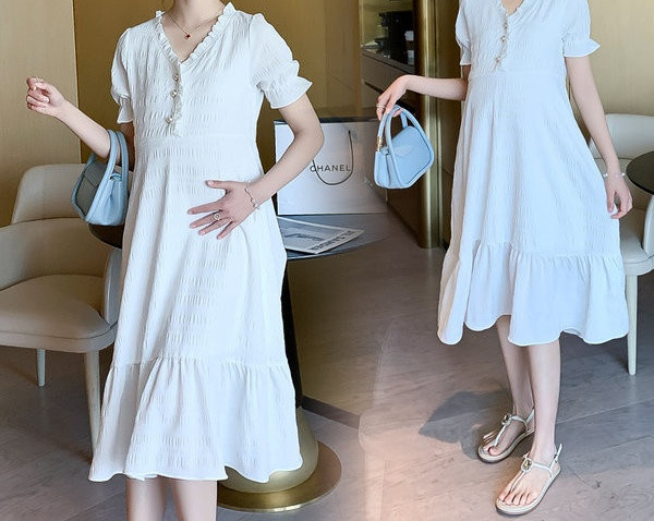 Ženski dugi model haljine na gumbe za trudnice