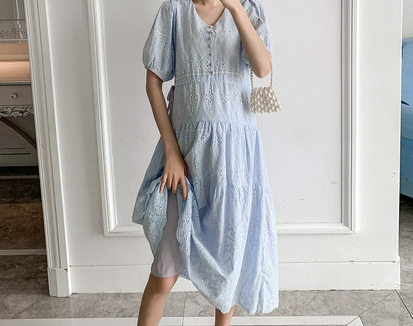 Aktuelna ženska haljina sa špic izrezom i kratkim rukavima za trudnice