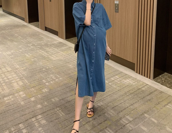 Duga ženska haljina sa džepovima za trudnice