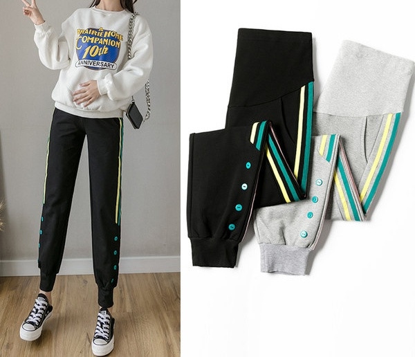 Ženske sportske duge hlače s gumbima i rubom za trudnice