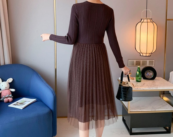 Ženska moderna plisirana haljina s dugim rukavima za trudnice