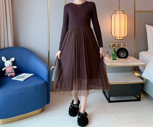 Ženska moderna plisirana haljina s dugim rukavima za trudnice