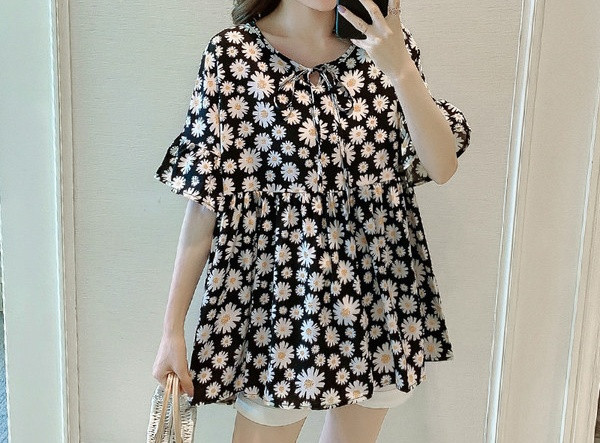 Stilinga moteriška palaidinė su kaklaraiščiais ir gėlių raštu nėščiosioms