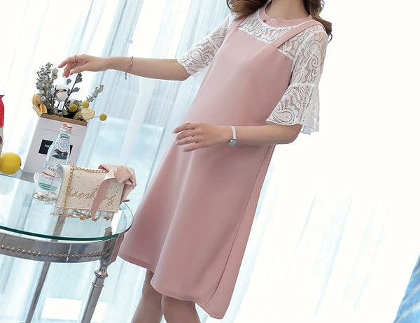 Κομψό γυναικείο φόρεμα με κορδόνια και οβάλ λαιμόκοψη για εγκύους