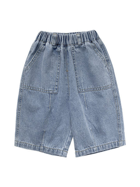 Mėlynos spalvos vaikiški šortai su kišenėmis ir elastiniu juosmeniu