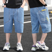 Детски дънкови 3/4 панталони с надпис в син цвят