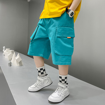 Детски къси панталони с джобове в син и бежов цвят