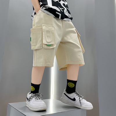 Детски къси панталони с джобове в син и бежов цвят