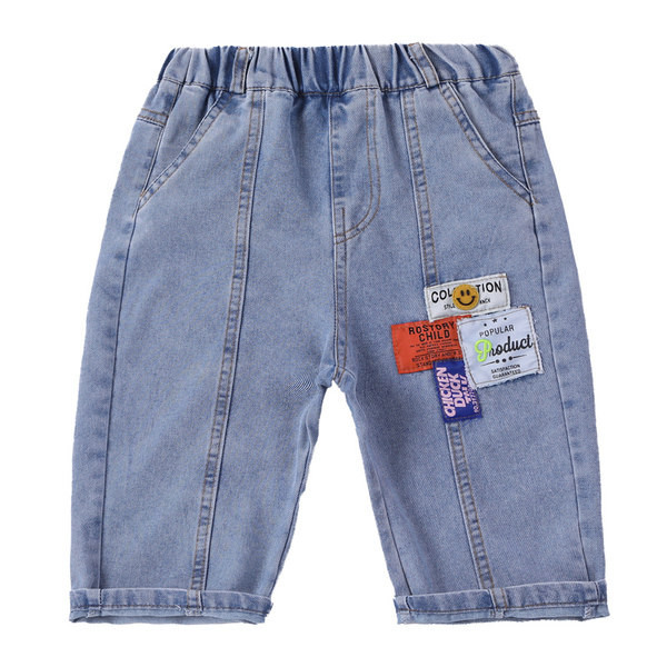 Детски дънкови панталони с емблема и джобове 